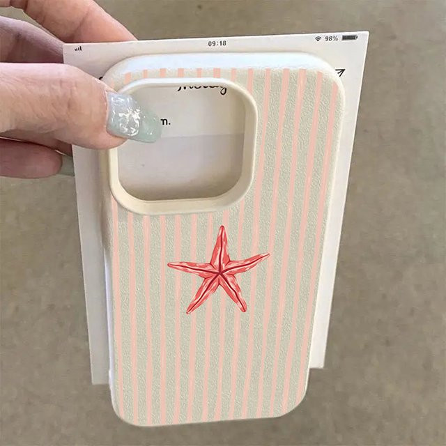 Preppy iPhone Handyhülle aus Leder mit rosa Streifen und roten Seesternen für Apple iPhone 17 16 15 14 13 12 11 Pro Max - Bild 1