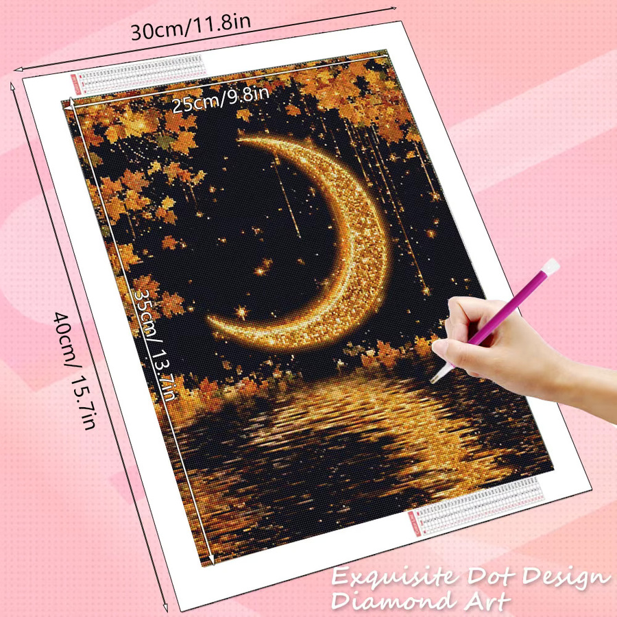 HUACAN Diamant-Kunst-Gemälde Mondlandschaft mit See und Fluss in Gold, abstrakte Stickerei als Heimdekoration für dein Wohnzimmer - Bild 2