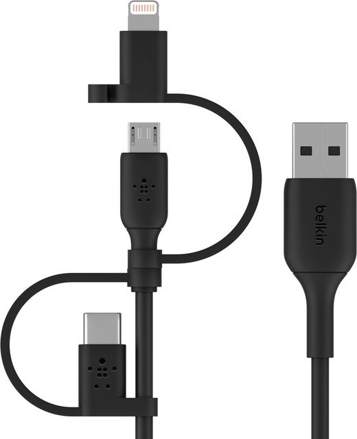 Belkin BoostCharge Universal Daten- und Ladekabel USB-A auf Lightning, Micro-USB und USB-C, Schwarz, 1m - Bild 1