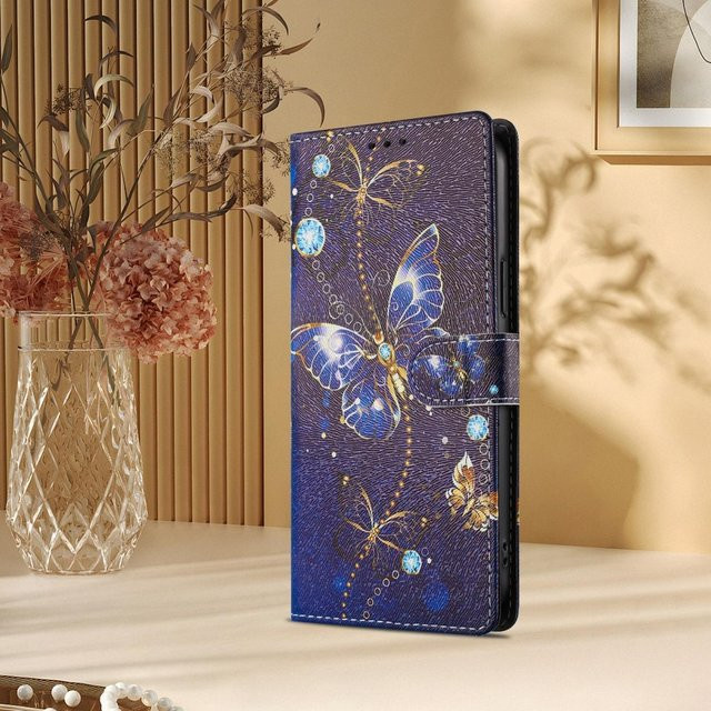 Leder Klapphülle mit Schmetterlingsblumen-Design für Samsung Galaxy S25 S24 S23 S22 S21 S20 Ultra FE Plus Edge in Blau mit Geldbörsenfunktion - Bild 1