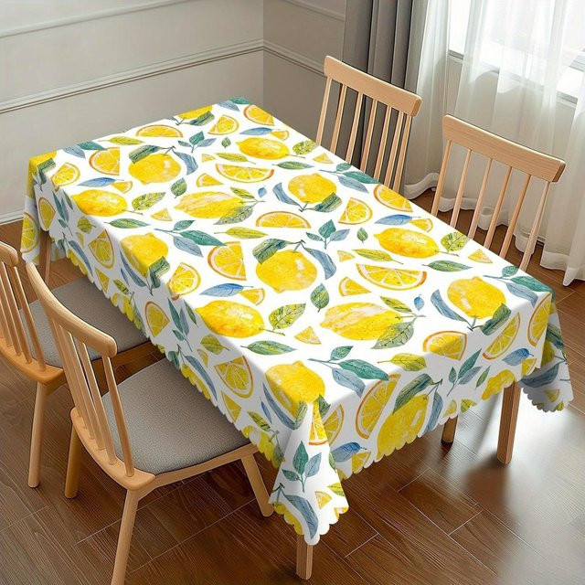 Rechteckige Tischdecke von JINGYUE Pet mit Zitronen-Aquarell-Motiv in Grün und Weiß, wasserabweisend und waschbar, B/T: 100 x 160 cm - Bild 1