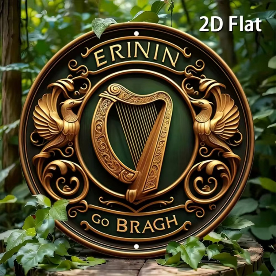 HELLOYOUNG Wanddekoration Erinnin Go Bragh mit irischer Harfe, rundes Metallschild in Grün, Durchmesser: 20 cm - Bild 2