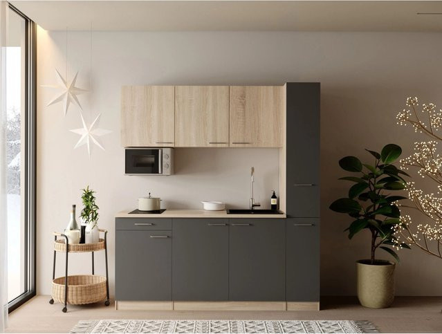 Respekta Ingrid Singleküche Grau mit Mikrowelle und Apothekenschrank, Breite: 180 cm, Tiefe: 60 cm, Höhe: 200 cm - Bild 1