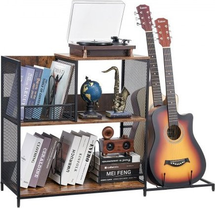 VEVOR 3-stufiger Plattenspieler-Ständer mit Gitarrenhalter und Vinyl-Schrank, schwarzes Musikregal aus Stahl mit Metallgitter-Rahmen, B/T/H: 76,5 x 36,0 x 113,3 cm - Bild 1