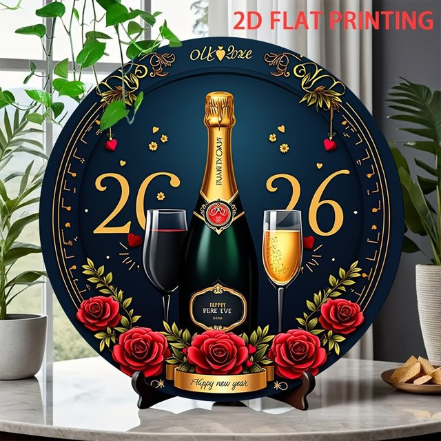Dekoratives Silvester-Schild von Potdemiel mit Champagner-Toast-Design in Marineblau und Gold, rund, aus Metall - Bild 1