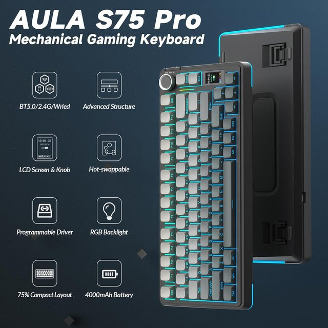 AULA S75Pro Gaming Mechanische Tastatur mit PBT-Tastenkappen, Hot-Swappable, RGB-Hintergrundbeleuchtung, 4000mAh Akku und LED-Bildschirm-Drehregler in Schwarz, Grau oder Pink - Bild 1