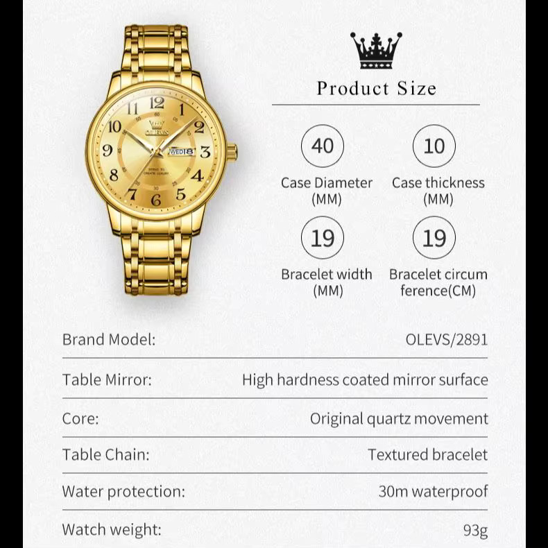 Olevs Armbanduhr Quarz, Edelstahl, Gold, Herren, Dual Kalender Display - Bild 5