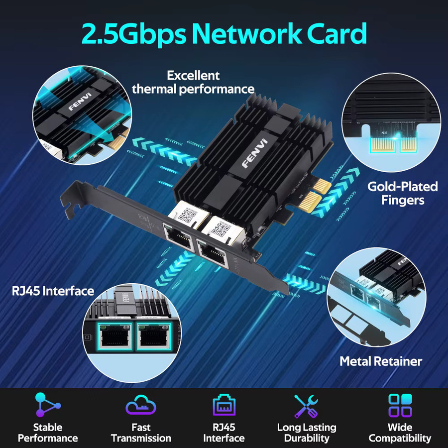 FENVI PCI-E zu RJ45 Netzwerkkarte I226 Gigabit Ethernet LAN 2,5G 2500Mbps Adapter für Desktop PC, Schwarz - Bild 3