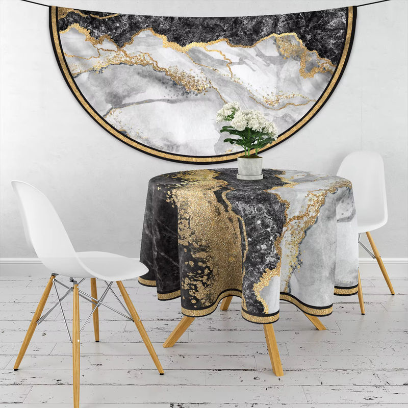 Runde wasserdichte Tischdecke mit blau lila Marmor-Design in Schwarz Weiß und Gold, Durchmesser: 160 cm - Bild 3