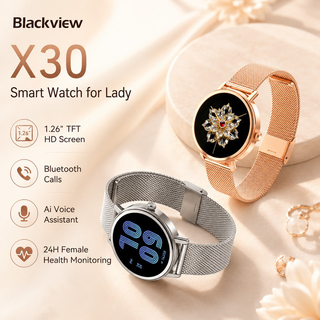 Blackview X30 Damen Smartwatch in Schwarz und Silber mit GPS, Bluetooth-Anruf, 1,26 Zoll HD-TFT-Display, Metallarmband und 100+ Sportmodi - Bild 1