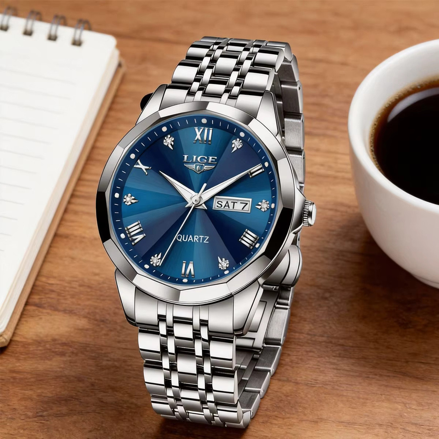 LEGE Armbanduhr Herren, Quarz, Edelstahl, Blau, Silber, Wasserdicht - Bild 4
