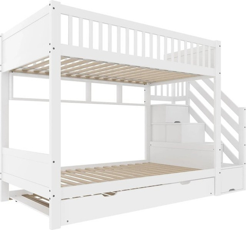KOMHTOM Etagenbett für Kinder mit Ausziehbett, Regal und Kleiderschrank in Weiß
