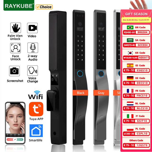 RAYKUBE DQ10 Tuya WiFi Smart Lock mit Palm Vein, 3D Gesichtserkennung und Fingerabdruck in Schwarz - Bild 1