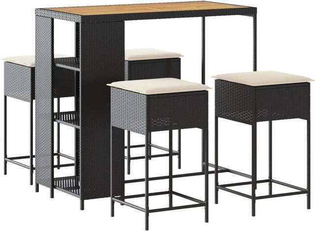 vidaXL 5-tlg Gartenbar-Set aus Poly-Rattan und Akazien-Massivholz mit Kissen in Schwarz und Cremeweiß - Bild 1