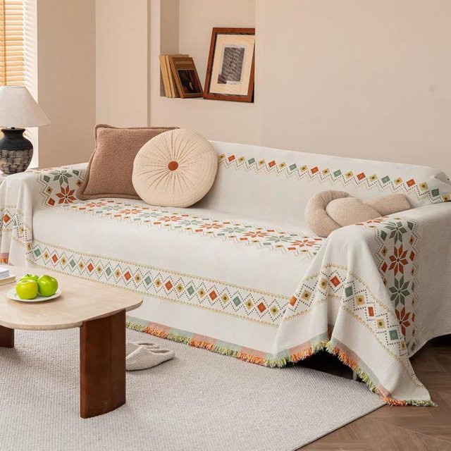 Böhmischer Chenille Sofaüberwurf mit Quasten in Weiß, B/T: 180 x 130 cm - Bild 1