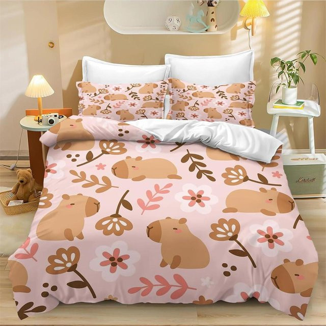 Capybara Bettwäsche-Set mit Bettbezug und Kissenbezügen in Pink, 100% Polyester für Kinder und Mädchen, B/H: 90 x 200 cm - Bild 1