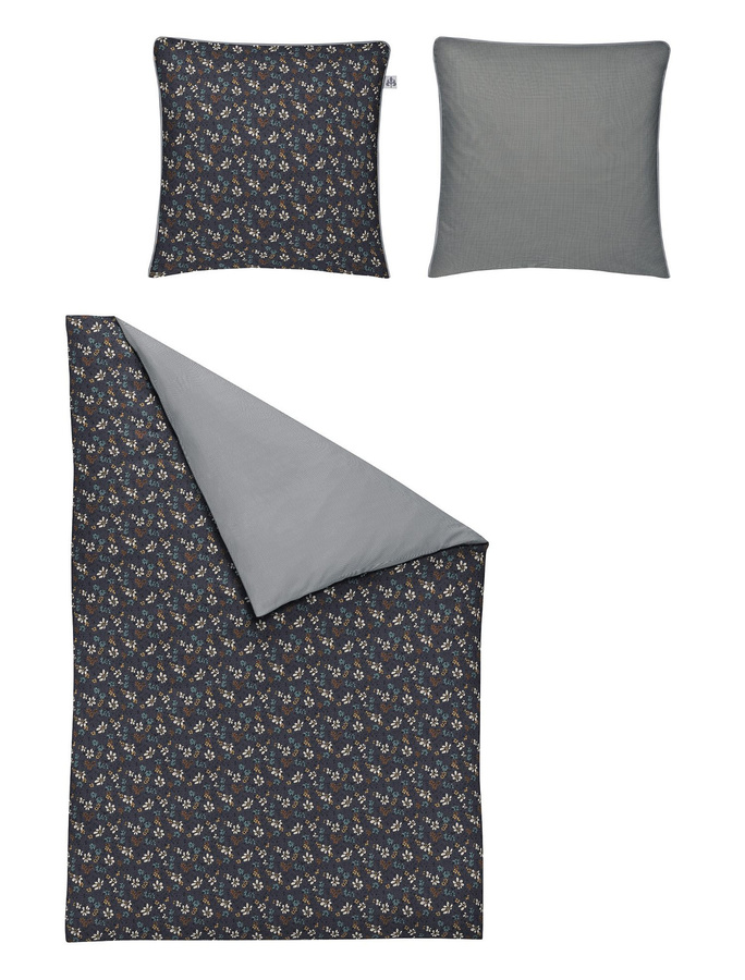 Irisette Elba Mako-Satin Bettwäsche mit Blumenmuster wendbar grau blau B/H: 155 x 220 cm und Kissen 80 x 80 cm - Bild 1