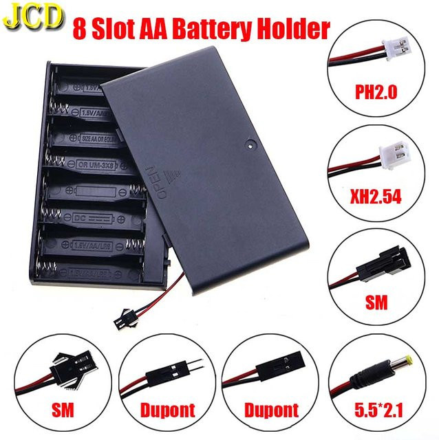 JCD 8-Slot AA Batteriehalter mit Schalter und Abdeckung in Schwarz inklusive DC 5,5 x 2,1 PH2.0 XH2.54 SM Dupont Anschlusskabel - Bild 1