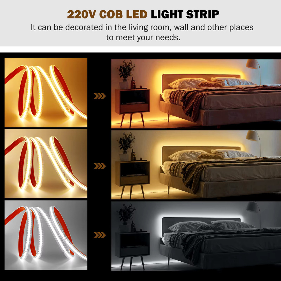 HEGEHE COB-LED-Streifen mit 240 LEDs/m, wasserdichter Lichtschlauch für AC 220 V direkt Anschluss, flexibles Flachband für Heimdekoration - Bild 4