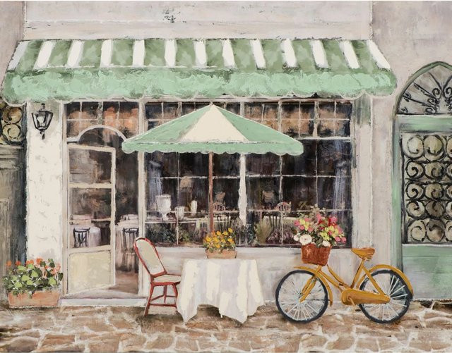 Art Universe Leinwandbild Straßencafé in Grün und Multicolour, modernes Fotografie-Motiv, Breite: 70 cm, Höhe: 90 cm - Bild 1