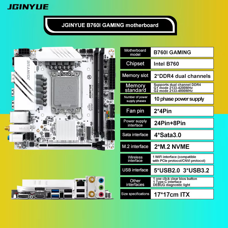 JGINYUE B760I GAMING Mini-ITX Motherboard LGA1700 für Intel 12., 13. und 14. Generation, DDR4, Dual M.2 PCIe 4.0, 2.5G LAN - Bild 2