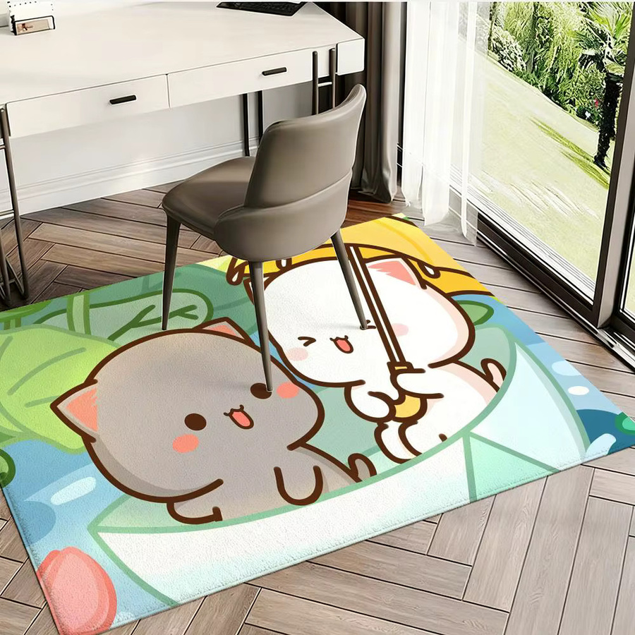 Rutschfeste Flanell-Bodenmatte mit Pfirsich-Mochi-Katze und Goma Motiv, weicher Plüschteppich in Schwarz und Mehrfarbig für dein Wohnzimmer - Bild 2