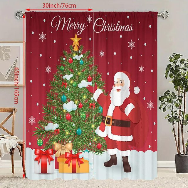 2er-Set Weihnachts Vorhänge mit Weihnachtsmann und Weihnachtsbaum-Print in Rot aus Polyester, B: 76 cm, H: 165 cm - Bild 1