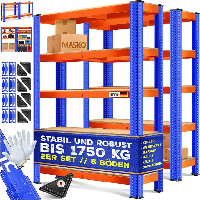 MASKO 2er-Set Schwerlastregal aus Metall mit verstellbaren MDF-Platten in Multicolour - Bild 1
