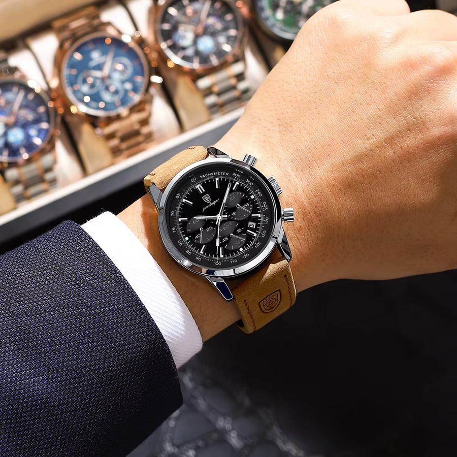 POEDAGAR Armbanduhr Chronograph, Quarz, Edelstahl, Leder, Herren - Bild 5