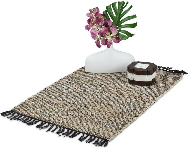Relaxdays Flickenteppich aus Baumwolle und Leder, Grau/Multicolor, Rutschfest, B: 60 cm, T: 110 cm - Bild 1