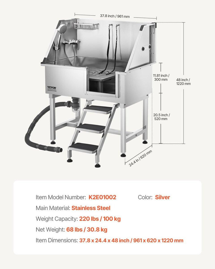 Buying Solutions MB Hundepflege-Badebadewanne aus Edelstahl mit Treppe, Wasserhahn und Duschkopf, Silber, B/T/H: 122,0 x 96,1 x 62,0 cm - Bild 5