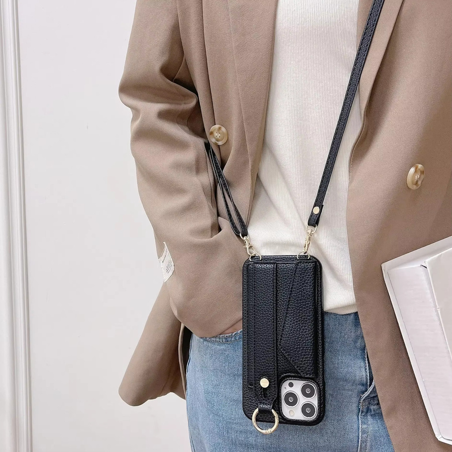szHAIyu Leder-Crossbody-Handyhülle mit Kartenfach und Umhängeband für iPhone 11 bis iPhone 17 Pro Max, Schwarz - Bild 2