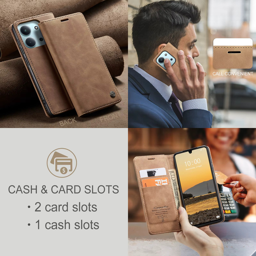Luxuriöse Retro-Lederhülle für Xiaomi Redmi 15C 4G und Redmi 14C 4G in Braun mit Kartenfächern und Standfunktion - Bild 5