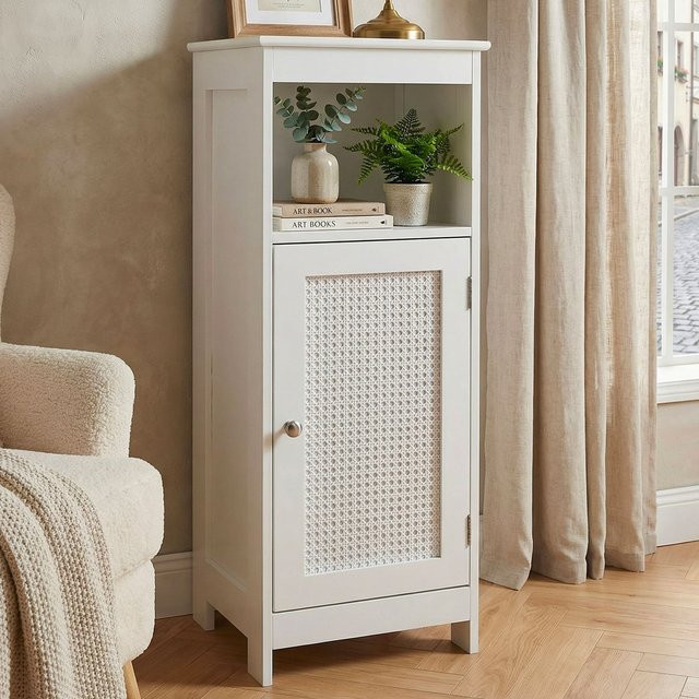 Finebuy Standregal in Weiß mit Rattan-Optik und Rückwand, Modernes Wohnregal für dein Wohnzimmer, B/T/H: 28,0 x 30,0 x 80,0 cm - Bild 1