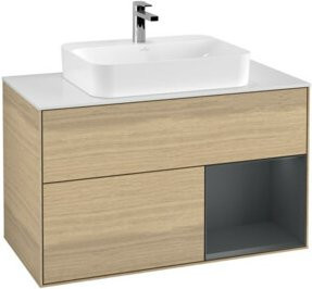 V&B Waschtischunterschrank Finion 100 Wandmontage mit LED-Beleuchtung und Regalelement in Eiche lackiert - Bild 1