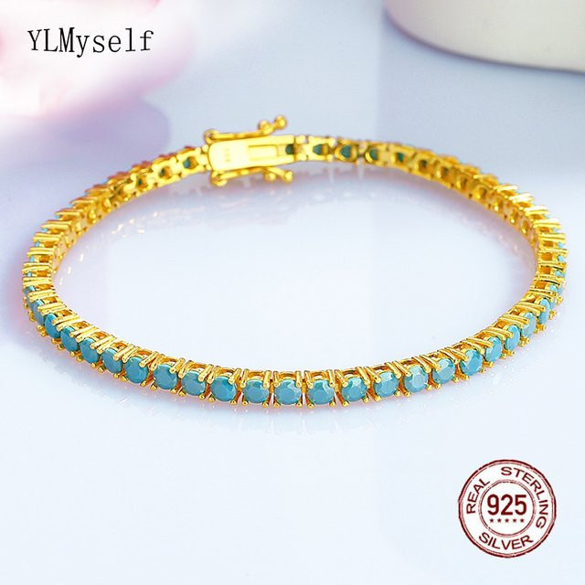 YLMyself Tennis-Armband, 925 Silber, vergoldet, türkisfarbener Stein, Damen - Bild 1
