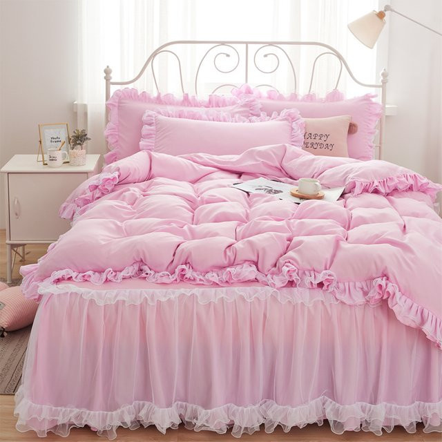 Beiwoer Bettwäsche Set für Kinder in Pink mit Spitze und Blattmuster, 4-teilig, B/H: 150 x 200 cm - Bild 1