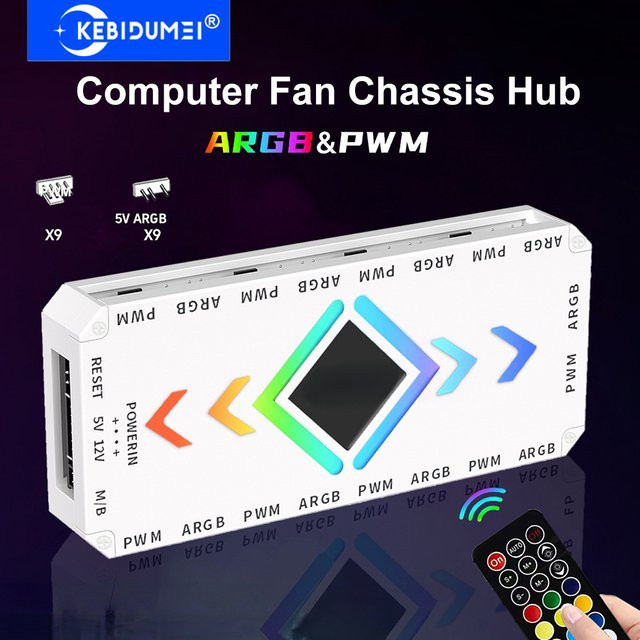 kebidumei ARGB PWM Lüfter-Hub-Adapter mit 1 bis 9 Ports und ARGB-Controller in Weiß mit SATA-Netzteil und Magnethalterung für deinen PC - Bild 1