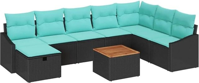 vidaXL Gartensofa-Set aus Poly-Rattan und Akazienholz in Schwarz, 9-teilig mit Kissen und Stauraum - Bild 1
