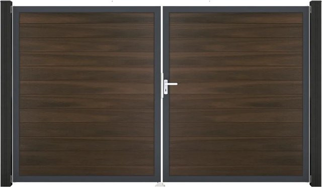 GroJa Steckzaun Tor DIN Rechts DB als 2-flügeliges Doppel-Tor aus Aluminium und BPC in Walnuss - Bild 1