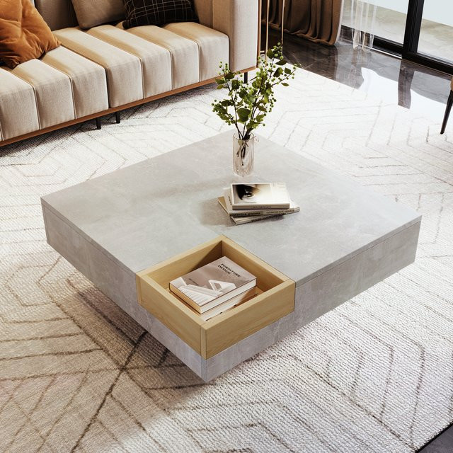Svintora Moderner Couchtisch aus Beton in Grau mit Holz-Aufbewahrungsbox und quadratischem Design - Bild 1
