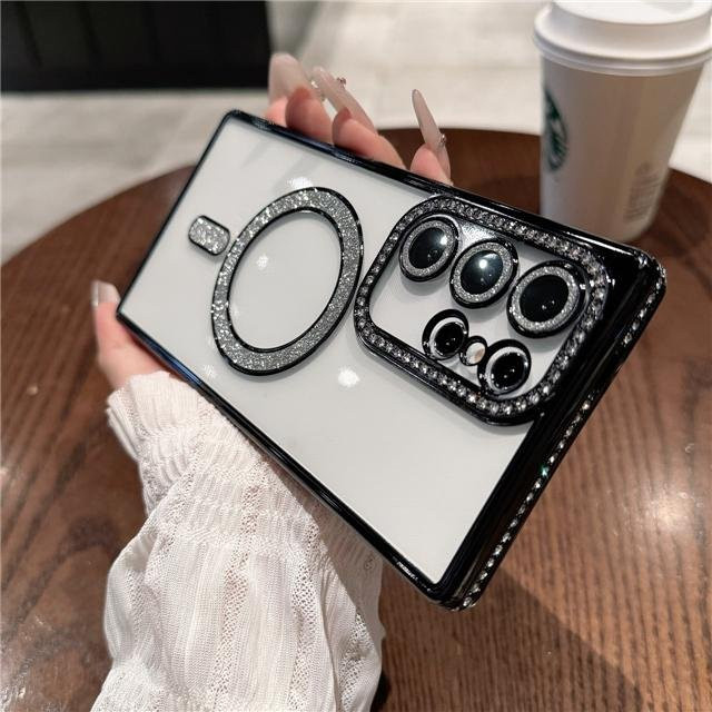 Luxus Glitzer Handyhülle mit MagSafe Magnetischer Beschichtung und Diamantrahmen für Samsung Galaxy S25 Ultra S24 S23 S22 Plus in Schwarz - Bild 1