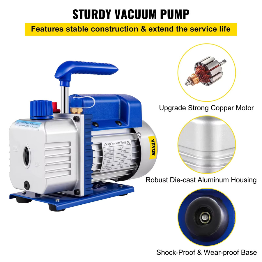 VEVOR Vakuumpumpe 3CFM 1/4PS 1-Stufen-Kältemittel-Vakuumpumpe für Kälte- und Klimatechnik sowie HVAC-Wartung in Blau - Bild 2