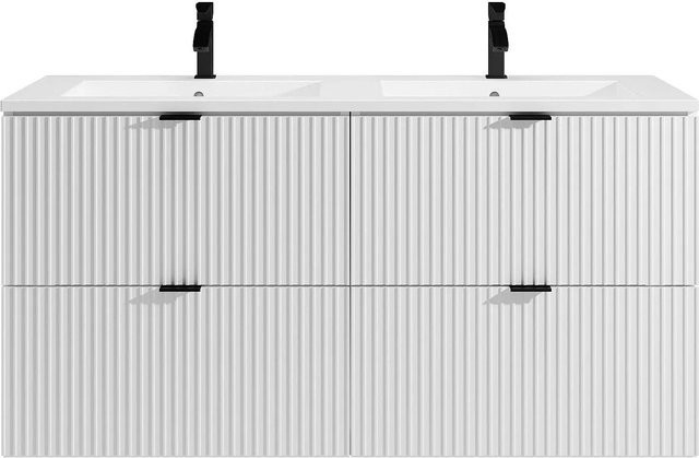 Doppelwaschtisch Zevini aus Keramik in Weiß, geriffelt, matt, B/T/H: 120 x 47 x 60 cm - Bild 1