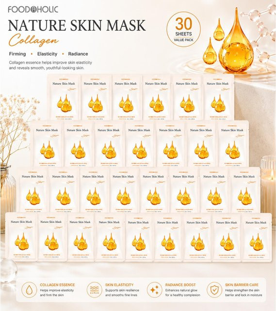 FOODAHOLIC Nature Skin Kollagen-Tuchmaske, 30 Stück, mit Hyaluronsäure - Bild 1