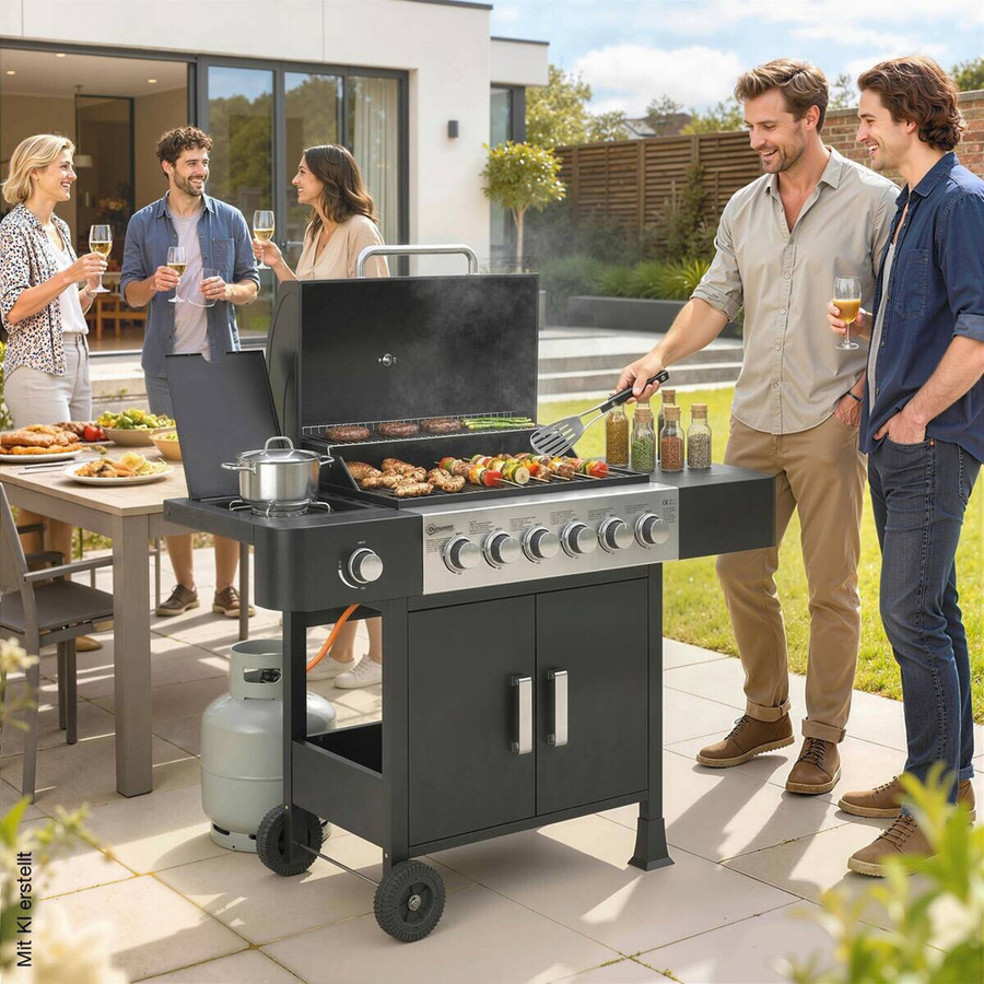 Outsunny Gasgrill aus Edelstahl mit 6+1 Brennern, Seitenbrenner, Thermometer und Rollen, Farbe: Schwarz, B/H/T: 51 x 101 x 135 cm - Bild 7