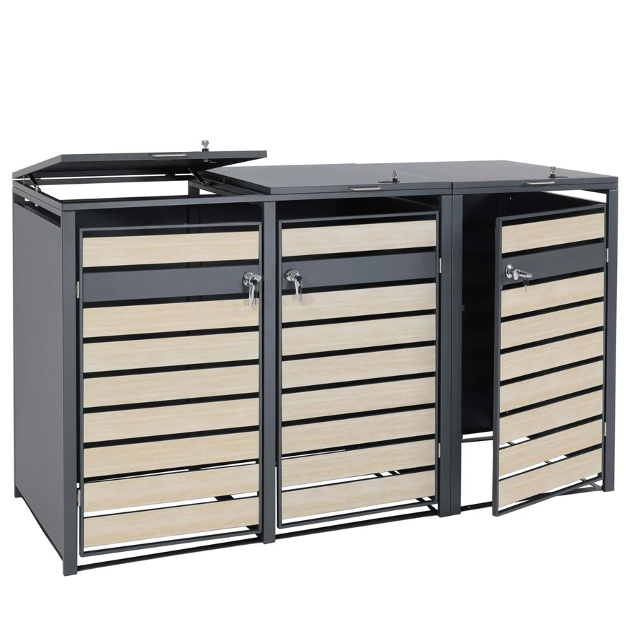 PROREGAL Mülltonnenbox für 3 Tonnen aus verzinktem Stahl in Anthrazit mit Buche-Holzoptik Hellbraun, B/T/H: 200 x 117 x 82 cm - Bild 2