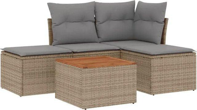 vidaXL 5-teilige Garten-Sofagarnitur in L-Form aus Poly-Rattan und Akazienholz mit Kissen in Beige - Bild 1