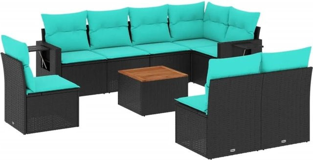 vidaXL 9-tlg. Gartensofa-Set aus Polyrattan in Schwarz mit Kissen und Couchtisch für Terrasse und Garten - Bild 1