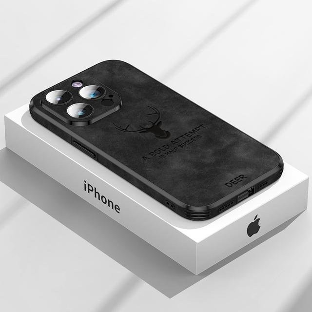 SKEYPAIK Hirschleder Schutzhülle für iPhone 14 Pro Max, iPhone 14, iPhone 13 und iPhone 12 Pro Max in Schwarz mit Stoßfestem Silikon und Objektivschutz - Bild 1